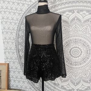 Black Sheer Mesh Mock Neck Nylon Bodysuit
